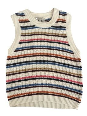 LOFT Striped Knit Sweater Vest Cream Blue Orange Pink Chunky Knit Boho Medium